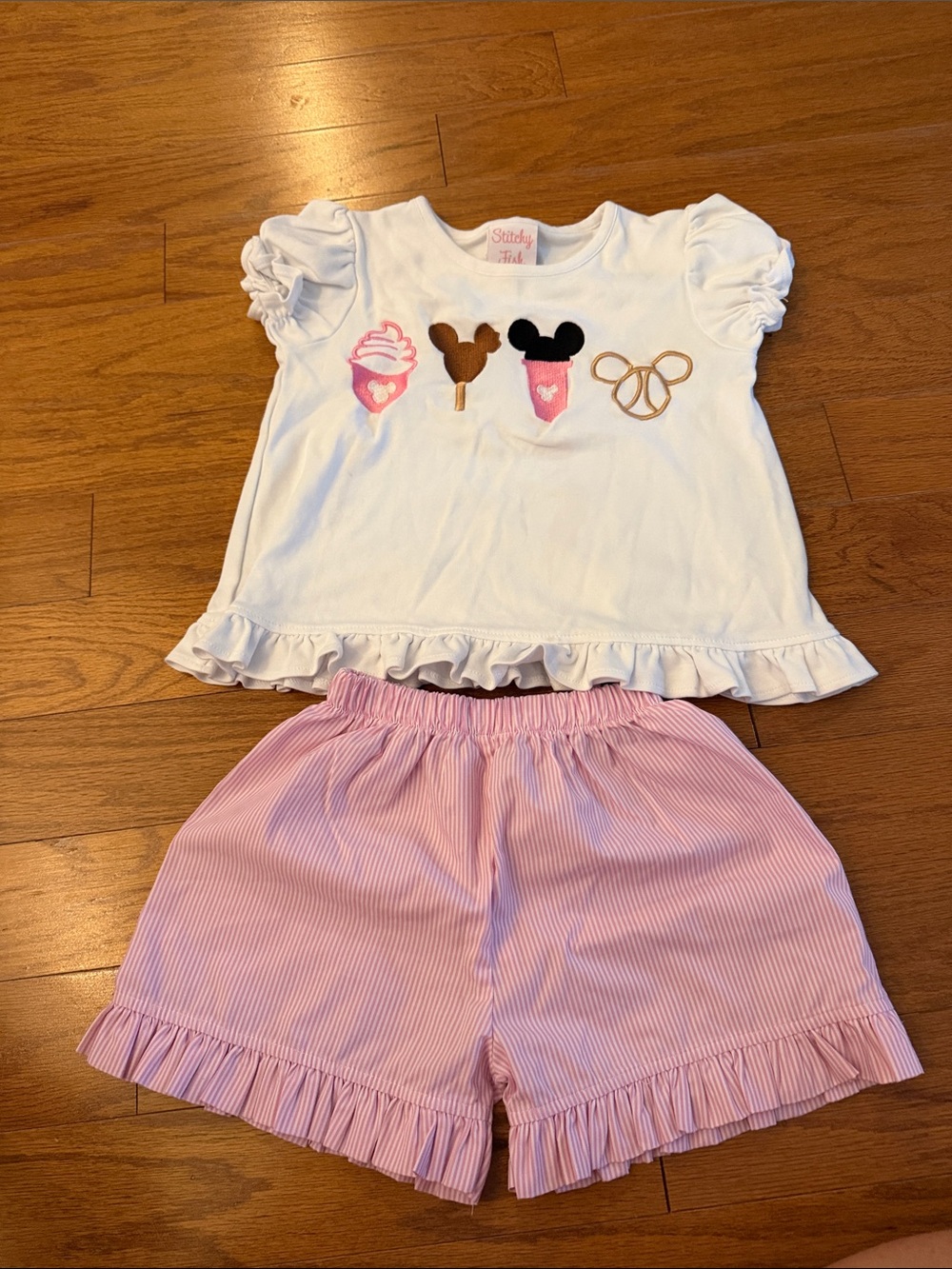 Stitchy Fish Girls White Top & Pink Stripe Shorts Matching Set